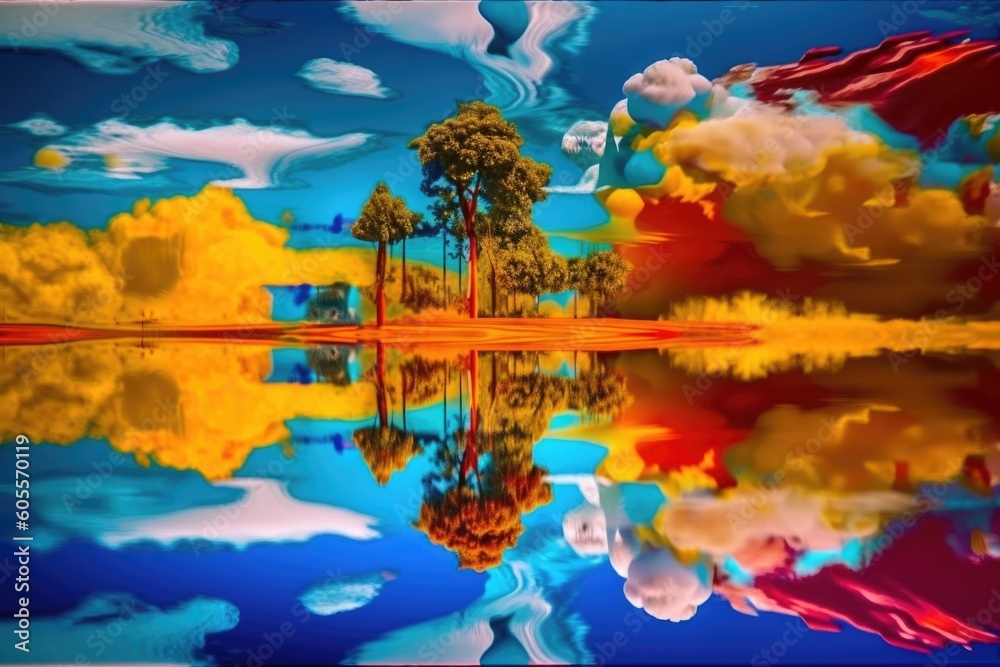 abstract and surreal landscape with upside-down sky, crazy colors, and unusual shapes, created with generative ai