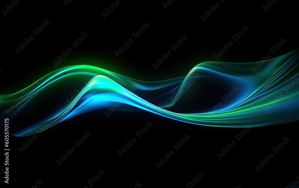 Glowing lines in green and blue on a black background, abstract light waves flowing in motion. Luxury fractal backdrop. Generative AI. Glowing lines in green and blue on a black background, abstract light waves flowing in motion. Luxury fractal backdrop. Generative AI.