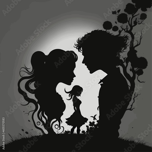 Dreaming Girl Silhouette Embraced by a Heart-Shaped Couple