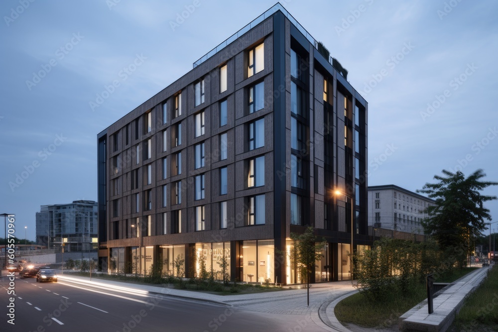 hotel, with a new exterior and interior, built on the former site of warehouse, created with generative ai hotel, with a new exterior and interior, built on the former site of warehouse, created with generative ai