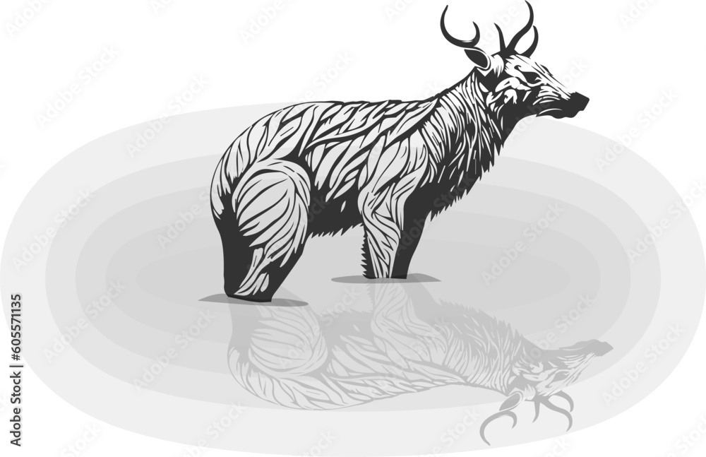 Fototapeta premium Deer and their reflections on a puddle of water. Deer vector illustration
