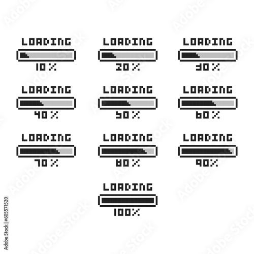 Pixel art 8-bit loading bar set. Pixel loading bars with different scale fulfillment isolated on white background.
