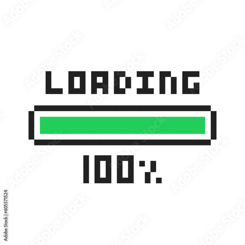Pixel art 8-bit loading bar 100 percent. Pixel loading green bar isolated on white background. Loading concept or Installing process. Vector illustration.