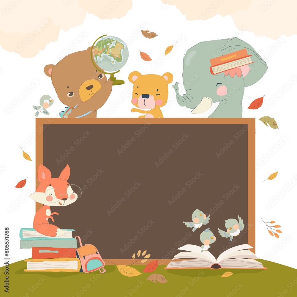 Fototapeta premium Back to School Vector Illustration. Cartoon Animal Characters holding Schoolbags and Globe learning, reading Book or Textbook, sitting next to Class Blackboard