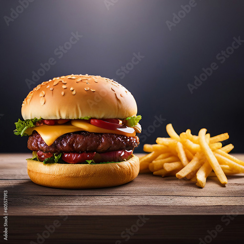 Close up of food french fries and hamburger, created with generative AI technology