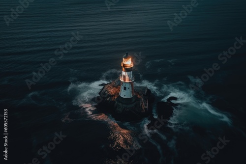 aerial view of a lighthouse, with its beacon shining bright against the dark waters, created with generative ai