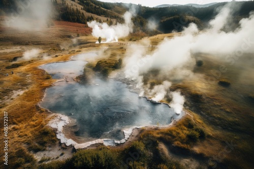 aerial shot of steam rising from the hot springs in a national park, created with generative ai