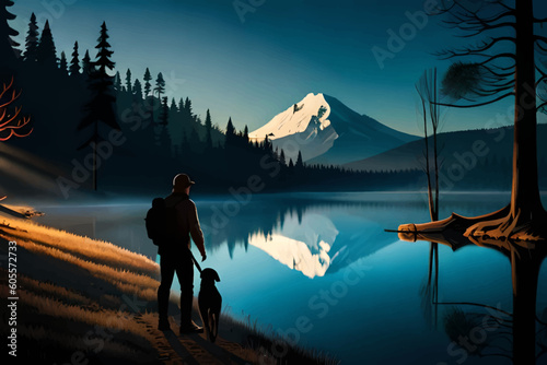 Man with a dog in nature. Hunting vector illustration.