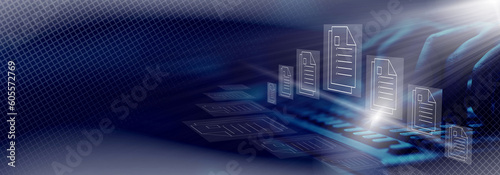 Online documentation database;  document management system concept background on virtual screen. Banner. Copy space.