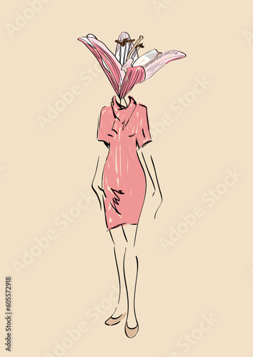 Girl with a flower head. Hand drawn vector fashion illustration.