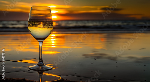 glass of white wine on the sand near the sea at sunset