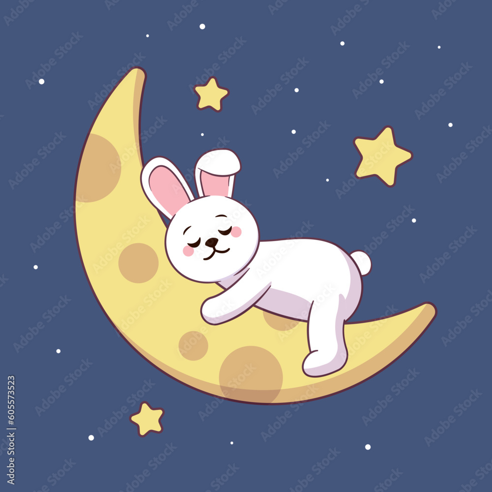 Cute cartoon bunny sleeping on the moon with stars