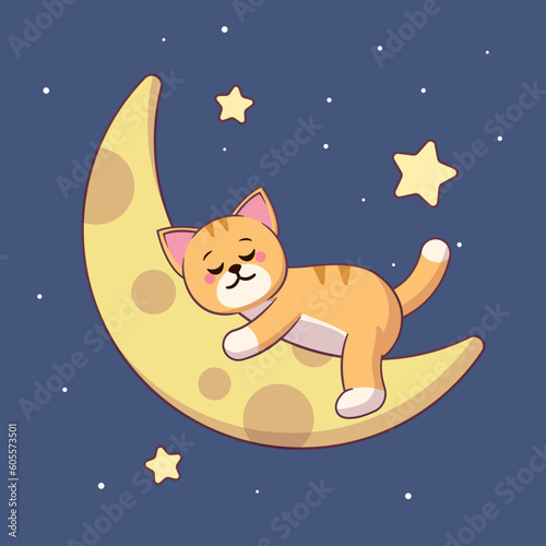 Cute cartoon cat sleeping on the moon with stars