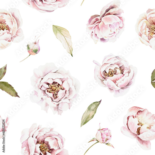 Watercolor seamless pattern. Pink peonies botanical print. Hand drawn illustration. For fabric, textile, wallpaper, wrapper, card, scrapbooking design.