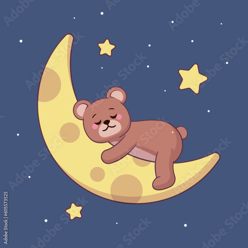 Cute cartoon bear sleeping on the moon with stars