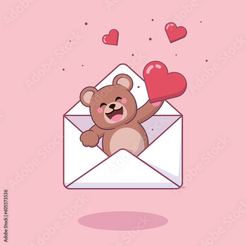 Cute cartoon bear in a letter envelope holding a love heart