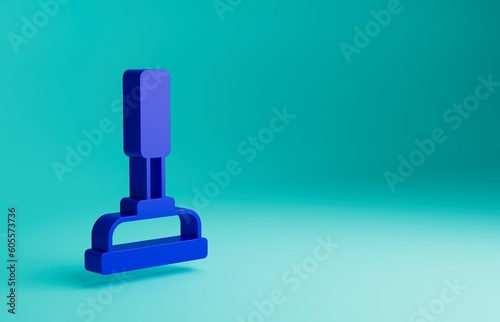 Blue Rubber plunger with wooden handle for pipe cleaning icon isolated on blue background. Toilet plunger. Minimalism concept. 3D render illustration