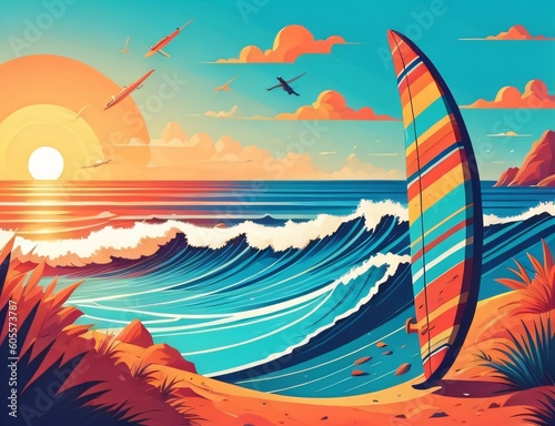 Illustration of surfingboard with beach for international surfing day created using generative ai tools photo