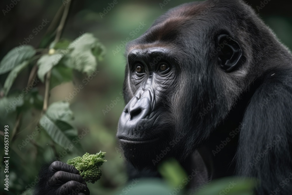 Fototapeta premium gorilla picking berries from bush in the forest, created with generative ai