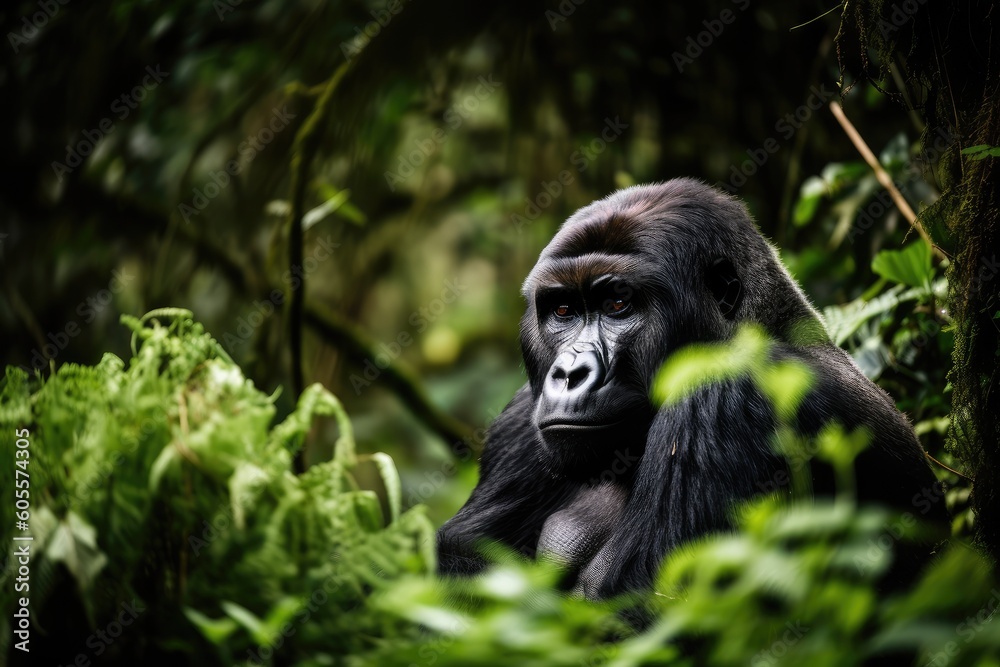 Obraz premium glimpse of gorilla in the wild, surrounded by lush greenery and picturesque view, created with generative ai