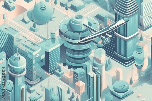isometric view of futuristic cityscape, with flying vehicles and towering buildings, created with generative ai