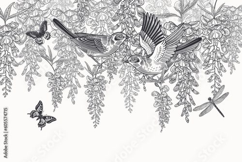 Birds, butterflies and dragonfly. Wisteria liana Flowers. Wedding card. Vector Vintage
