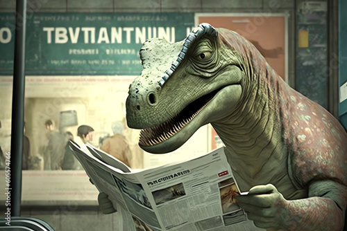 Portrait of dinosaur reading a newspaper. Old news concept. Generative AI