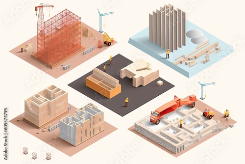 a construction site, with isometric and axonometric projections showing the various work stages, created with generative ai photo