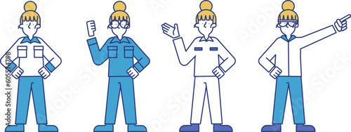 作業着を着用した女性のイラストセットJ