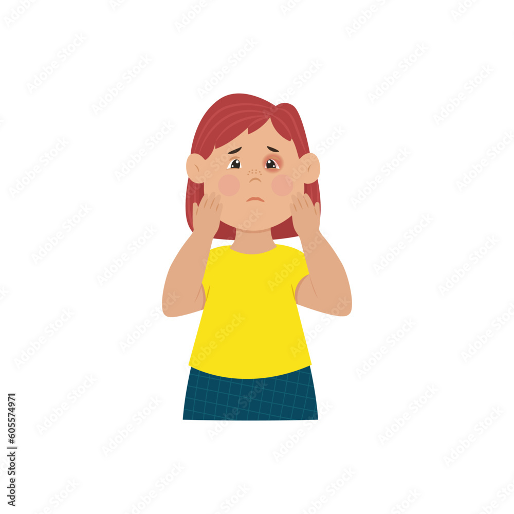 Inflammation of the eye, Conjunctivitis in children. Viral and infectious diseases in children. Ophthalmia. Vector illustration. Inflammation of the eye, Conjunctivitis in children. Viral and infectious diseases in children. Ophthalmia. Vector illustration.