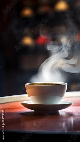 Just a cup of hot and delicious coffee with a urban blurred background (A. I. Generative)