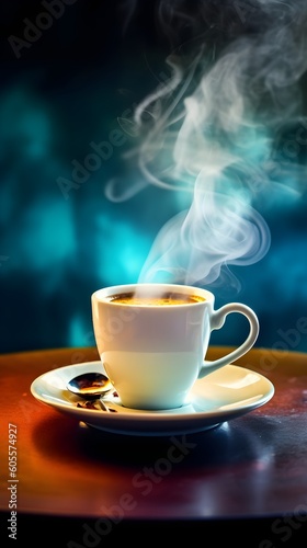 Just a cup of hot and delicious coffee with a urban blurred background (A. I. Generative)