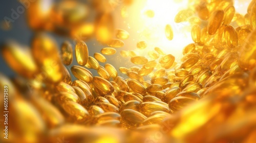 Vortex of vitamin D pills being released from the Sun, Tones of amber and gold. Created with generative AI technology.