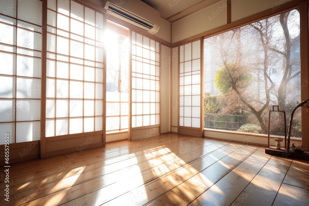 transparent shoji screen on a sunny day, bringing natural light into the room, created with generative ai transparent shoji screen on a sunny day, bringing natural light into the room, created with generative ai