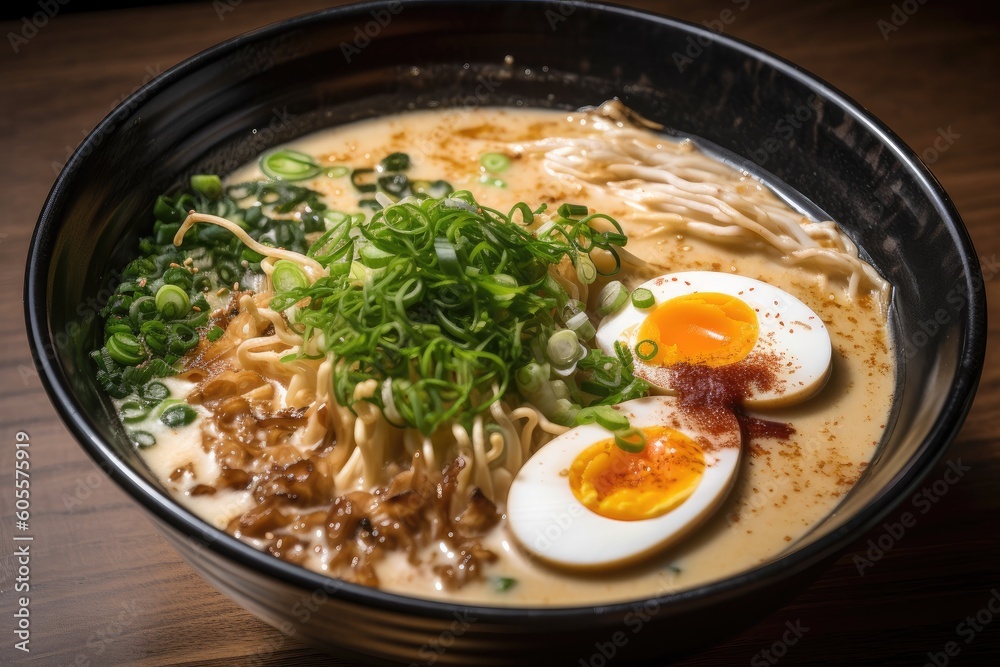 close-up of creamy and rich tonkotsu ramen, with toppings of bean sprouts and green onions, created with generative ai close-up of creamy and rich tonkotsu ramen, with toppings of bean sprouts and green onions, created with generative ai