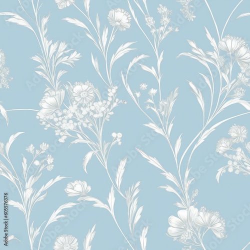 Seamless Pattern with Flowers and Leaves. Tranquil Serene Background in Pastel Blue, Delicate White Blooms, Thin Leafy Illustrations.