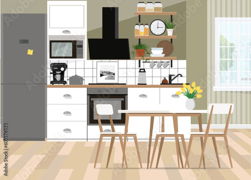 Cozy Scandinavian kitchen with open shelves. © marinadreams