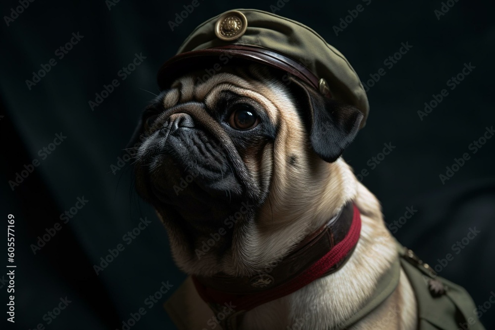 Adorable pug in military uniform. Generative AI