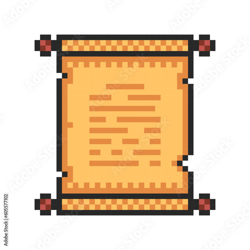Pixel asset, vintage scroll ribbon. Ancient manuscript, parchment banner. Manuscript template with paper ripped sides, pixel art.