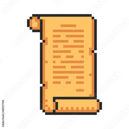 Pixel asset, vintage scroll ribbon. Ancient manuscript, parchment banner. Manuscript template with paper ripped sides, pixel art.