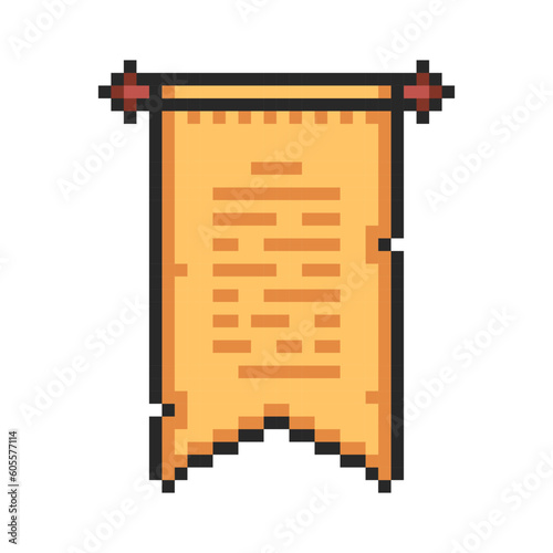 Pixel asset, vintage scroll ribbon. Ancient manuscript, parchment banner. Manuscript template with paper ripped sides, pixel art.