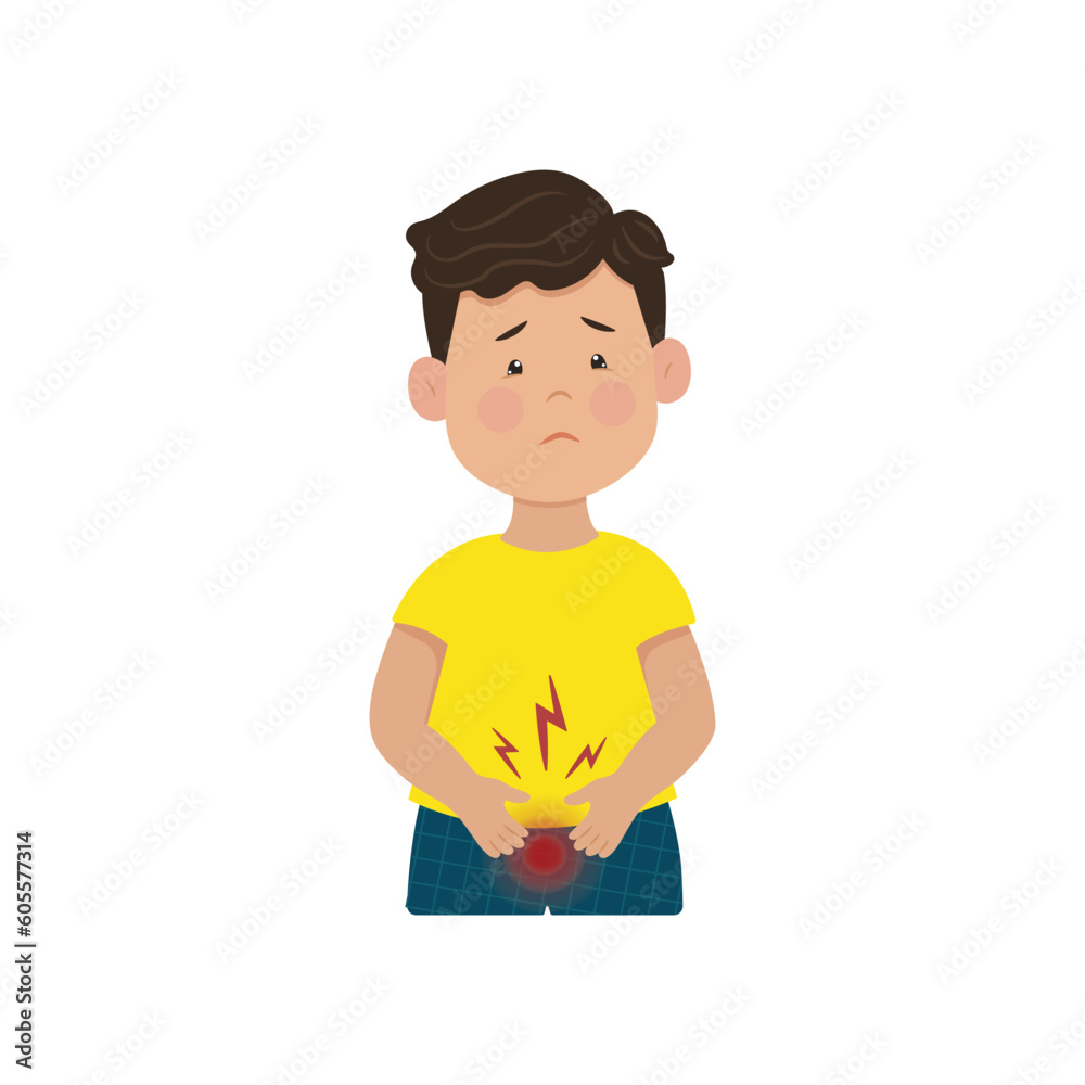Cystitis in children, The boy holds his lower abdomen, Pain during urination. Vector illustration. Kid infections. Cystitis in children, The boy holds his lower abdomen, Pain during urination. Vector illustration. Kid infections.