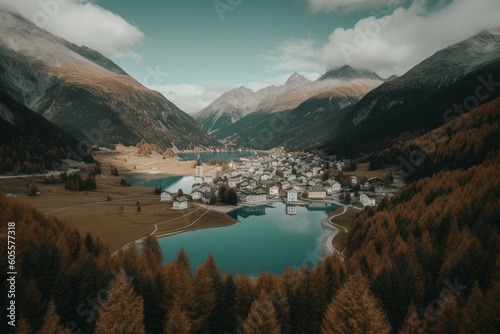 A view of Silvaplana town nestled between two lakes with the stunning Corvatsch mountain in the background. Generative AI photo