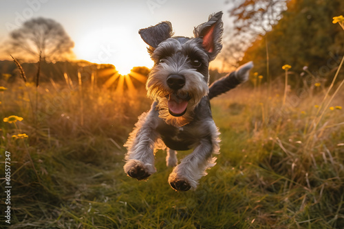 The Miniature Schnauzer is a small and energetic breed of dog known for its distinctive bearded face and bushy eyebrows.