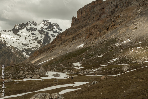 Hiking in the Ecrins massif under the Cime de la Condamine in the French Alps