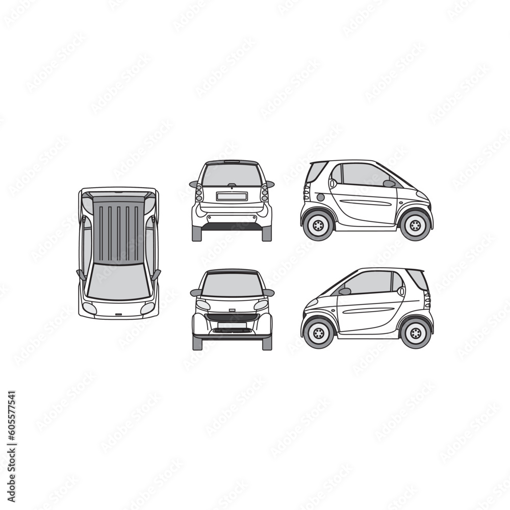 minicar outline, year 1998, white background, front, back, top and side ...