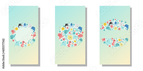 Frames with sea animals. Marine animals in circle with space for text. Template of cards, covers.  Set of vertical banners with floral elements in pastel colors. Vector illustration.