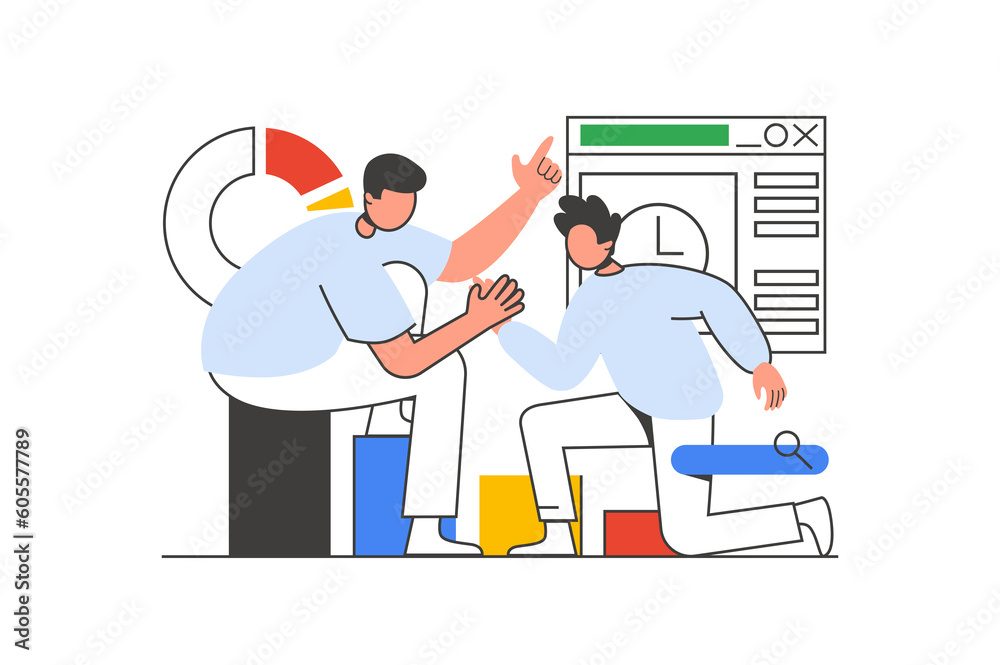 Teamwork outline web concept with character scene. Men collaborating and cooperating at work project. People situation in flat line design. Illustration for social media marketing material.