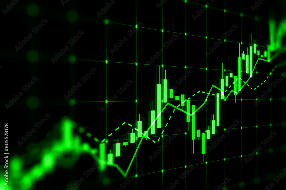 Stock market, analysis and economy growth concept with rising digital green financial chart graphs on dark blurry technological background. 3D rendering - obrazy, fototapety, plakaty 
