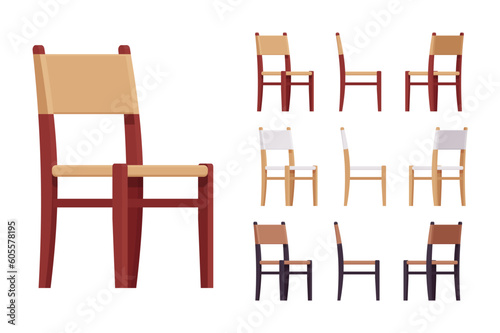 Wood dining chair, upholstered furniture big set, natural brown colors. Fabric seat for cafe, restaurant classic modern interior. Vector flat style cartoon home, office isolated, white background